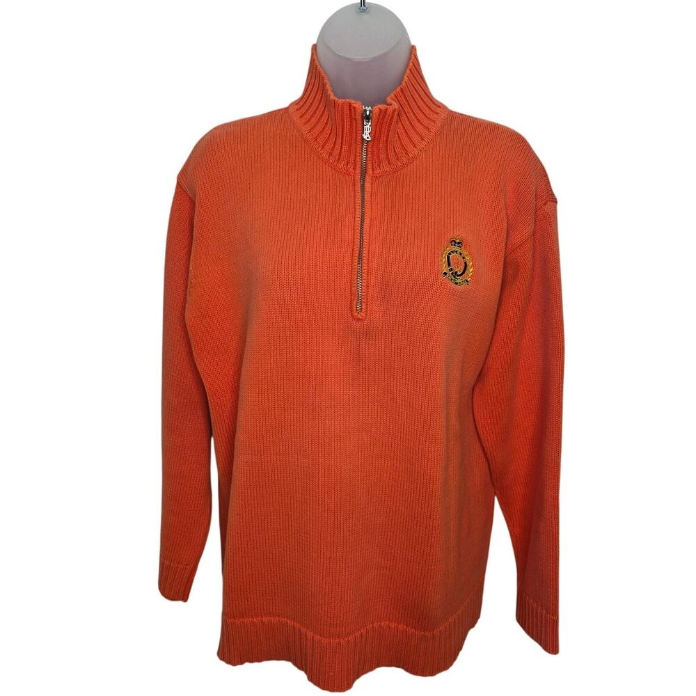 Lauren Ralph Lauren Sweater Women's M Orange 1/4 Zip Crest Cotton Knit Preppy